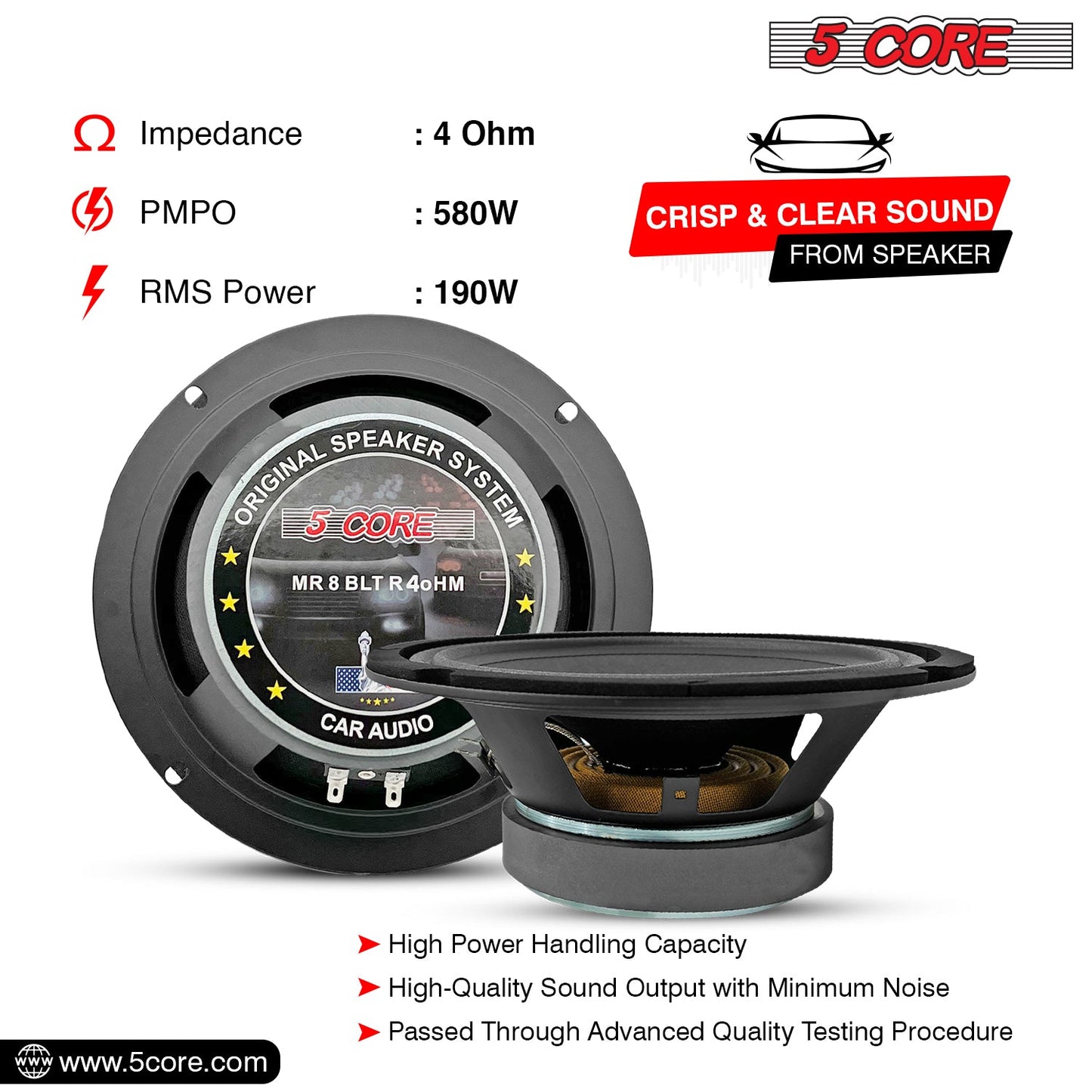 5 Core 8" Car Audio Speakers with Bullet 580 W 4 Ohm Mid-Range