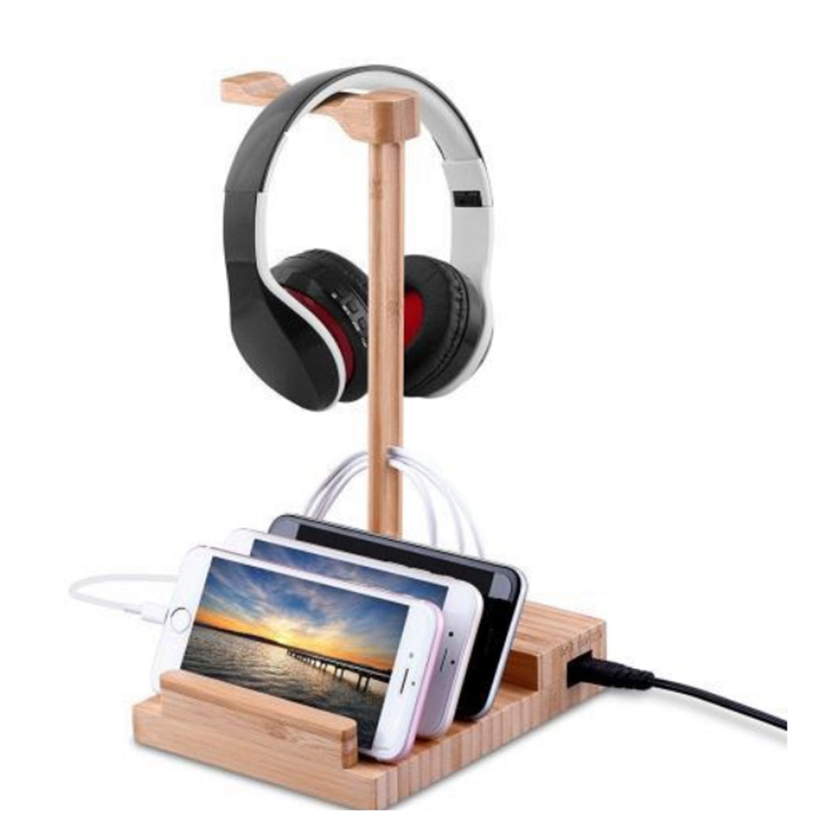 /2 in 1 Bamboo Wood Charging Station Stand 3 USB for iPhone &