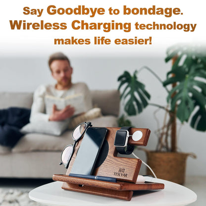 Wood Phone Docking Station Ash Key Holder Wallet Stand Watch Organizer