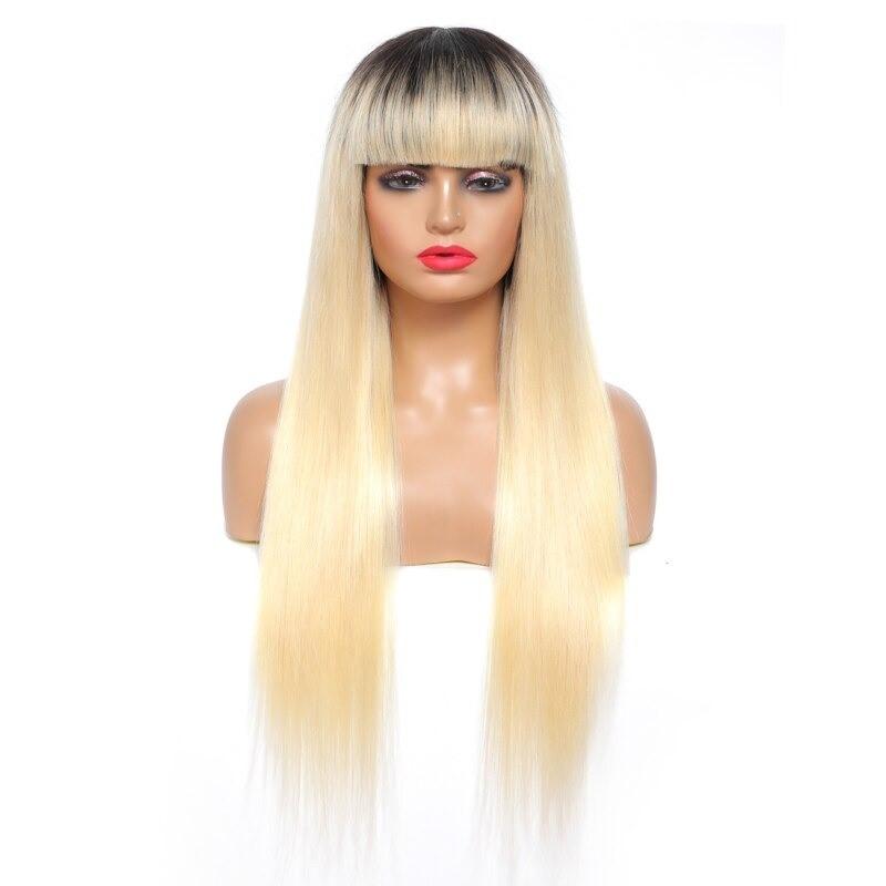 Wig with Bang 200% Density Human , #1B/613 Straight 180% Density #613