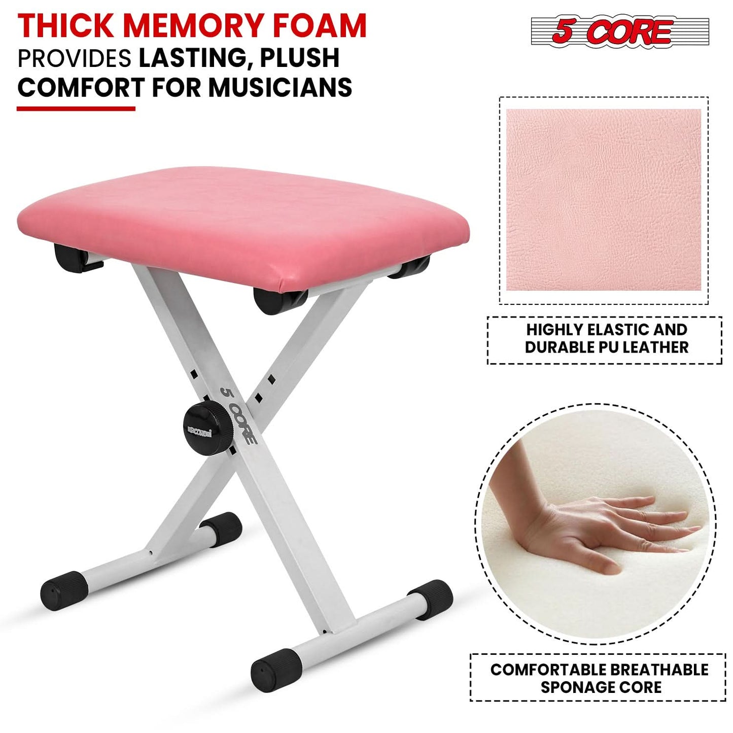 5 Core Keyboard Bench 2" Padded Cushioned Piano Stool Height
