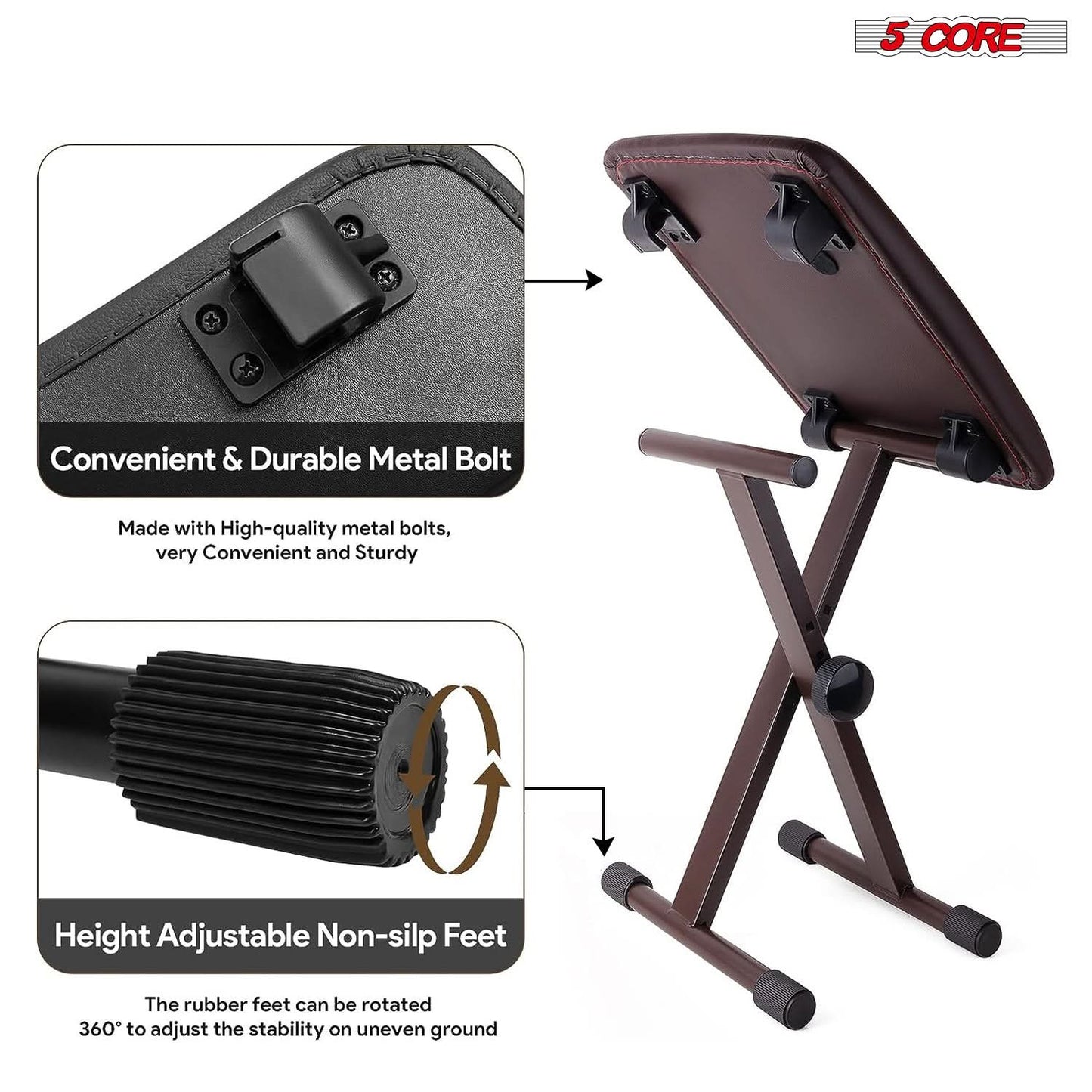5 Core Keyboard Bench 2" Padded Cushioned Piano Stool Height