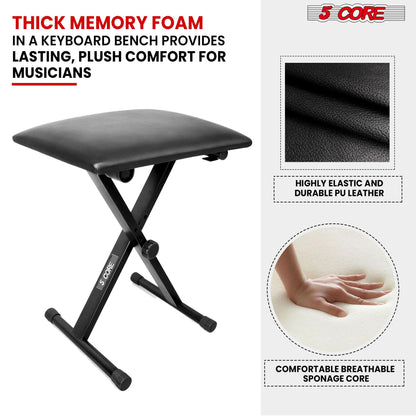 5 Core Keyboard Bench 2" Padded Cushioned Piano Stool Height
