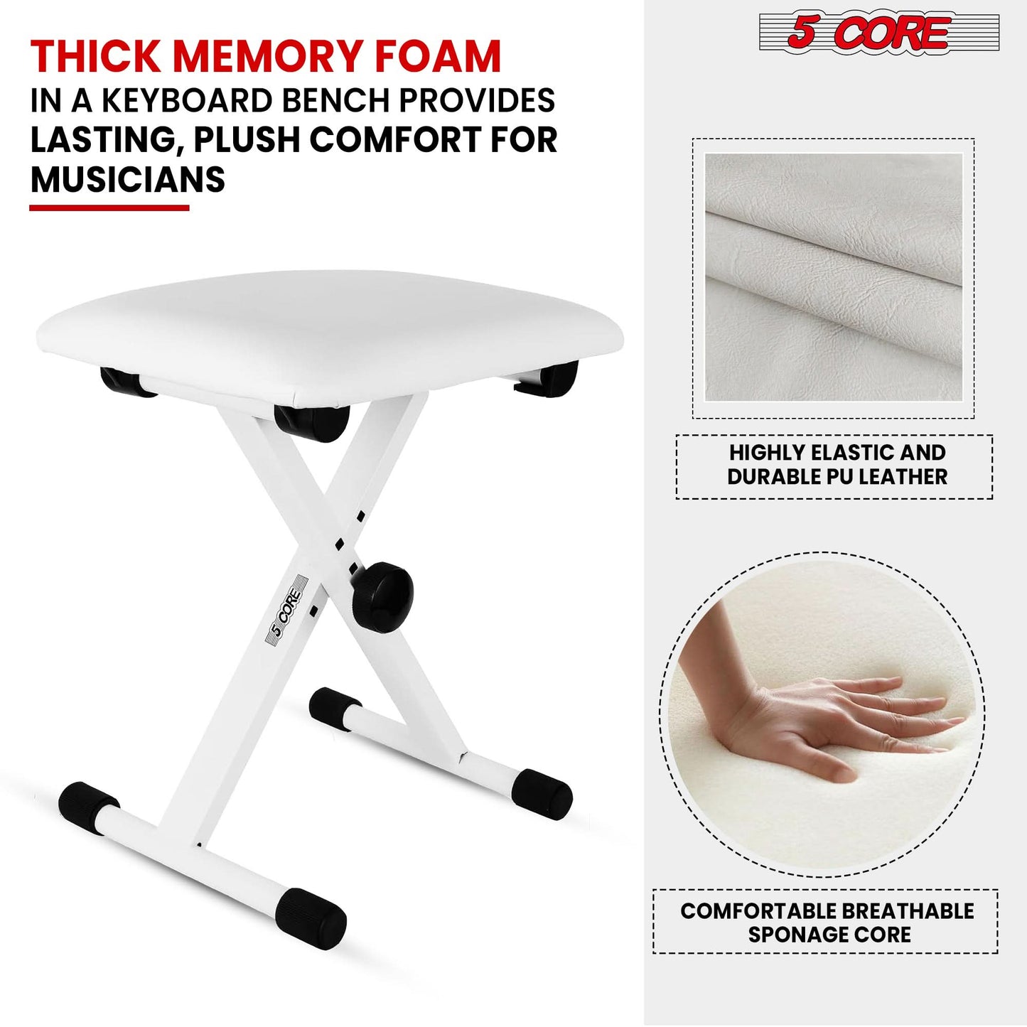 5 Core Keyboard Bench 2" Padded Cushioned Piano Stool Height