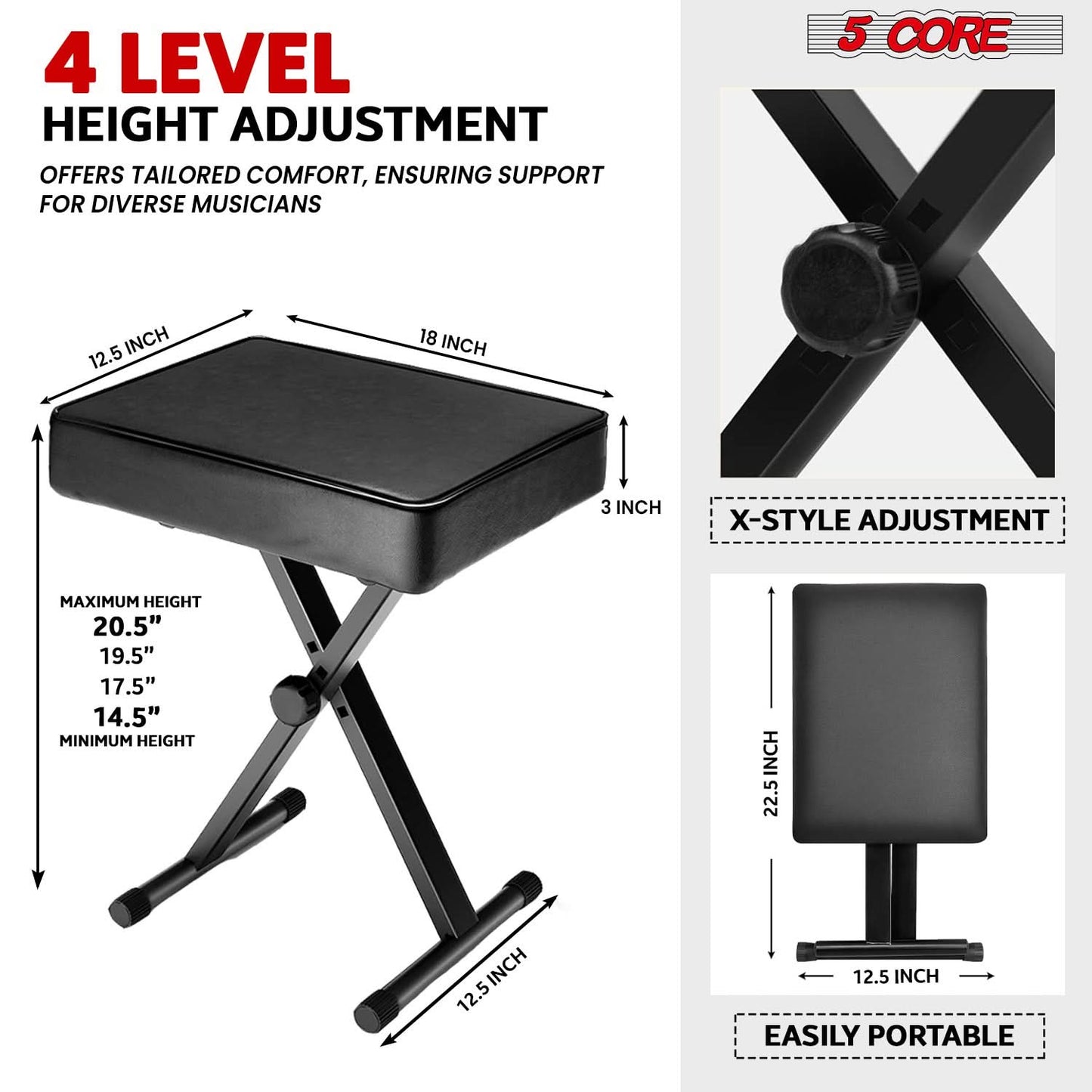 5 Core Keyboard Bench 3" Padded Cushioned Piano Stool Height