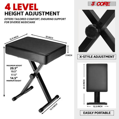 5 Core Keyboard Bench 3" Padded Cushioned Piano Stool Height