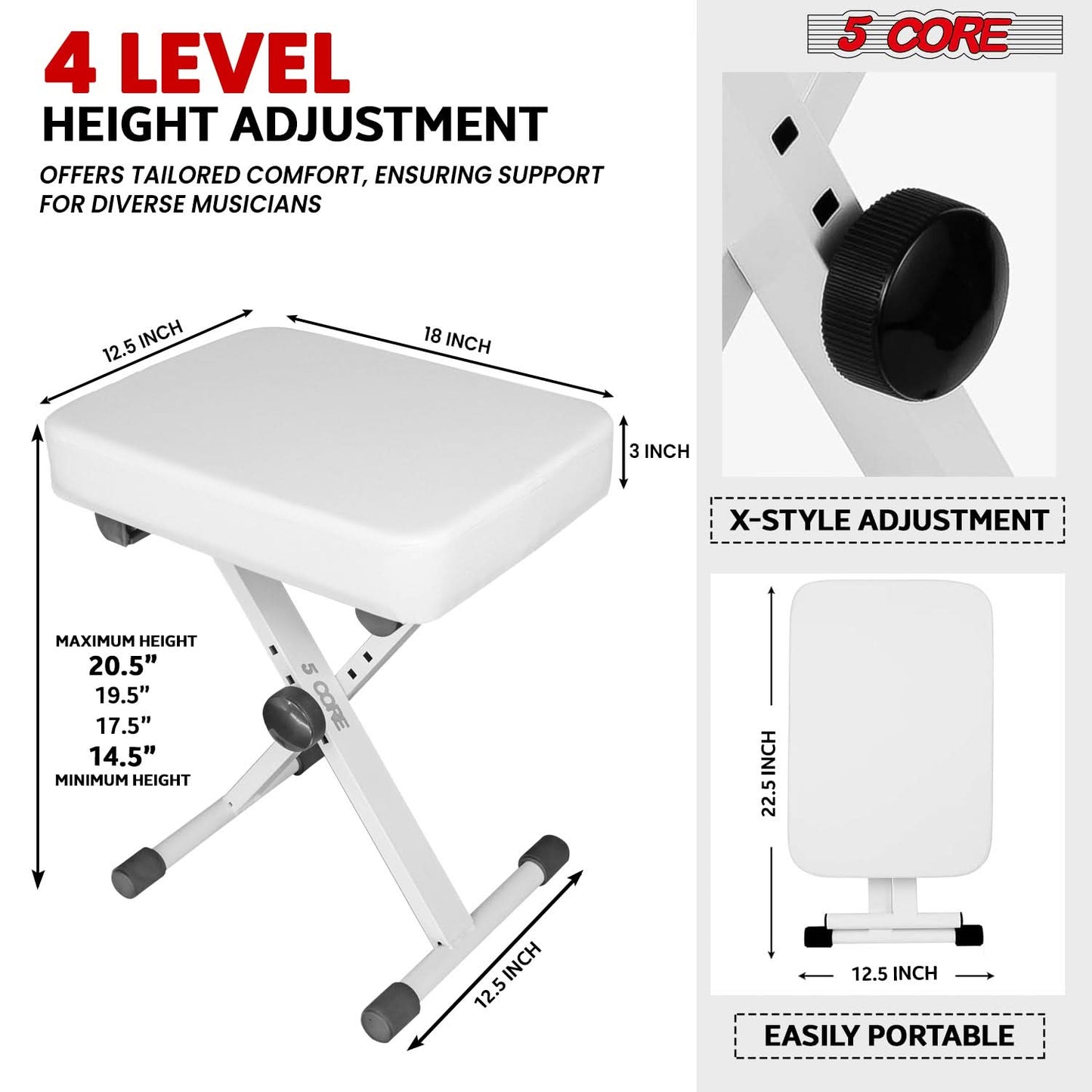 5 Core Keyboard Bench 3" Padded Cushioned Piano Stool Height