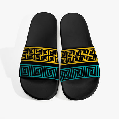 Womens Slide Sandals, Blue And Yellow Geometric Print