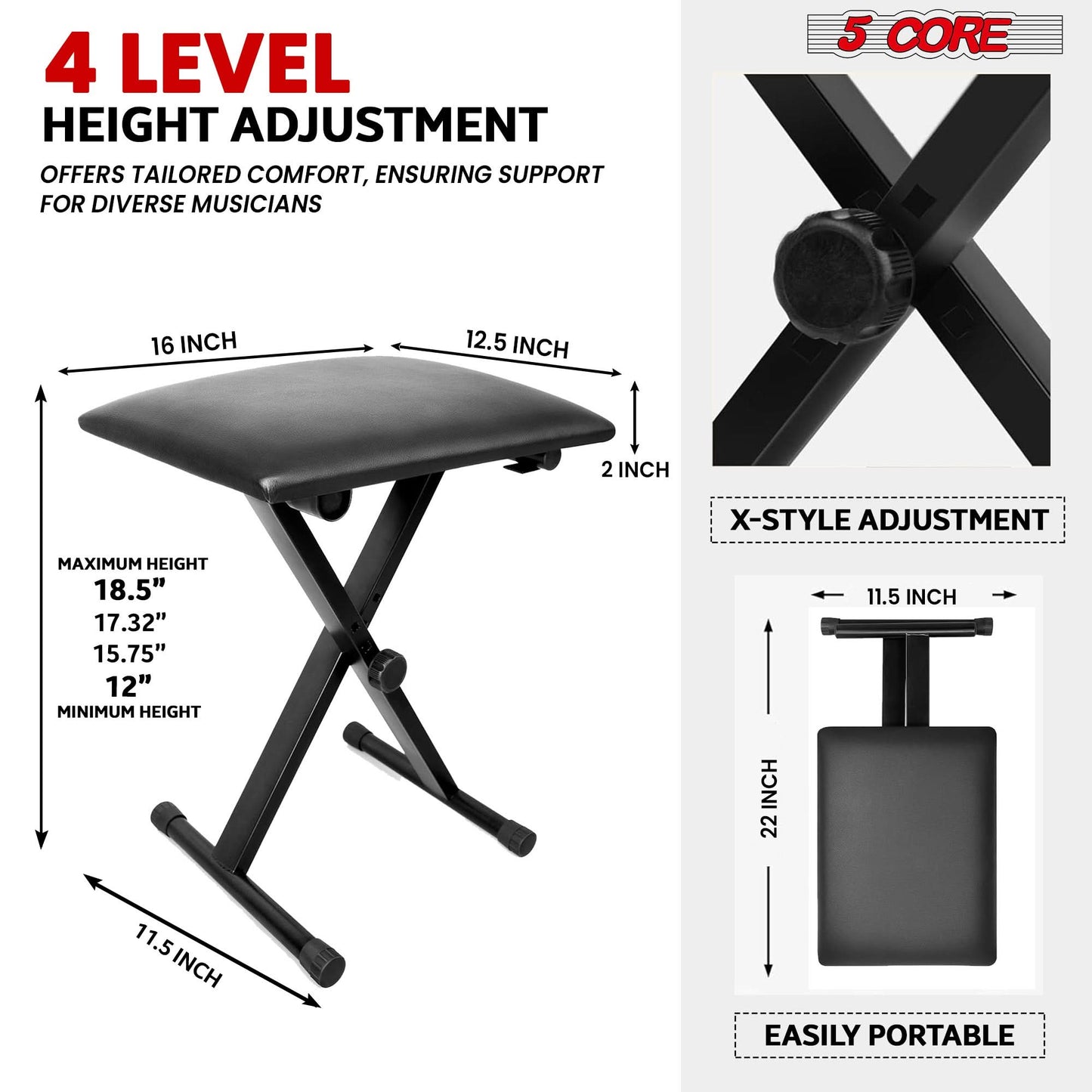 5 Core Keyboard Bench 2" Padded Cushioned Piano Stool Height