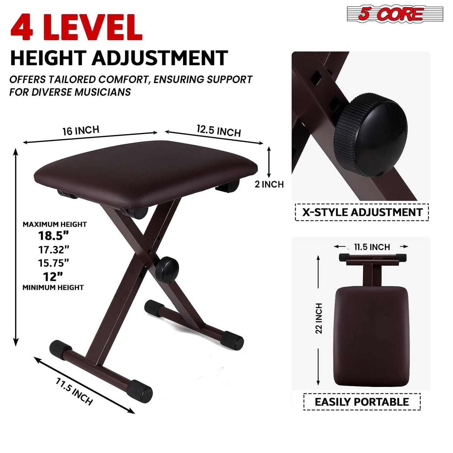 5 Core Keyboard Bench 2" Padded Cushioned Piano Stool Height