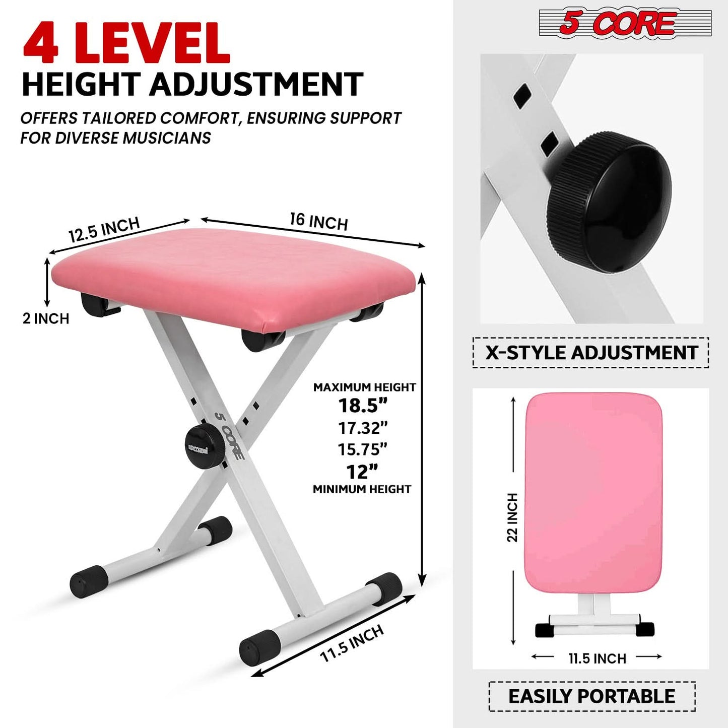 5 Core Keyboard Bench 2" Padded Cushioned Piano Stool Height