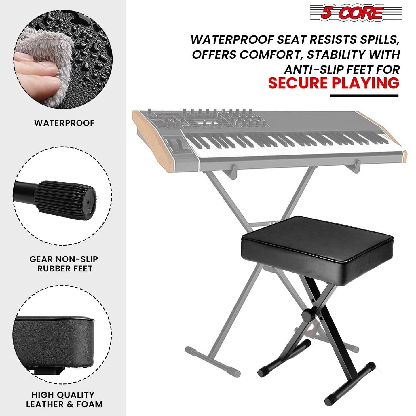 5 Core Keyboard Bench 3" Padded Cushioned Piano Stool Height