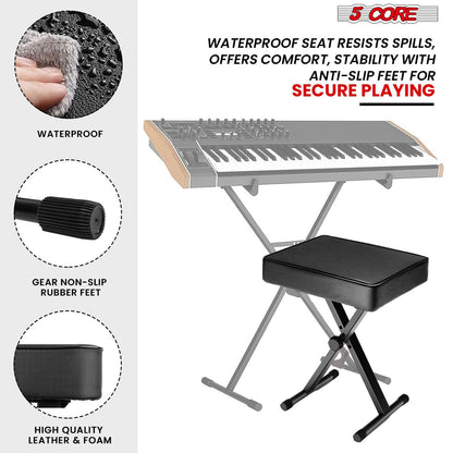 5 Core Keyboard Bench 3" Padded Cushioned Piano Stool Height