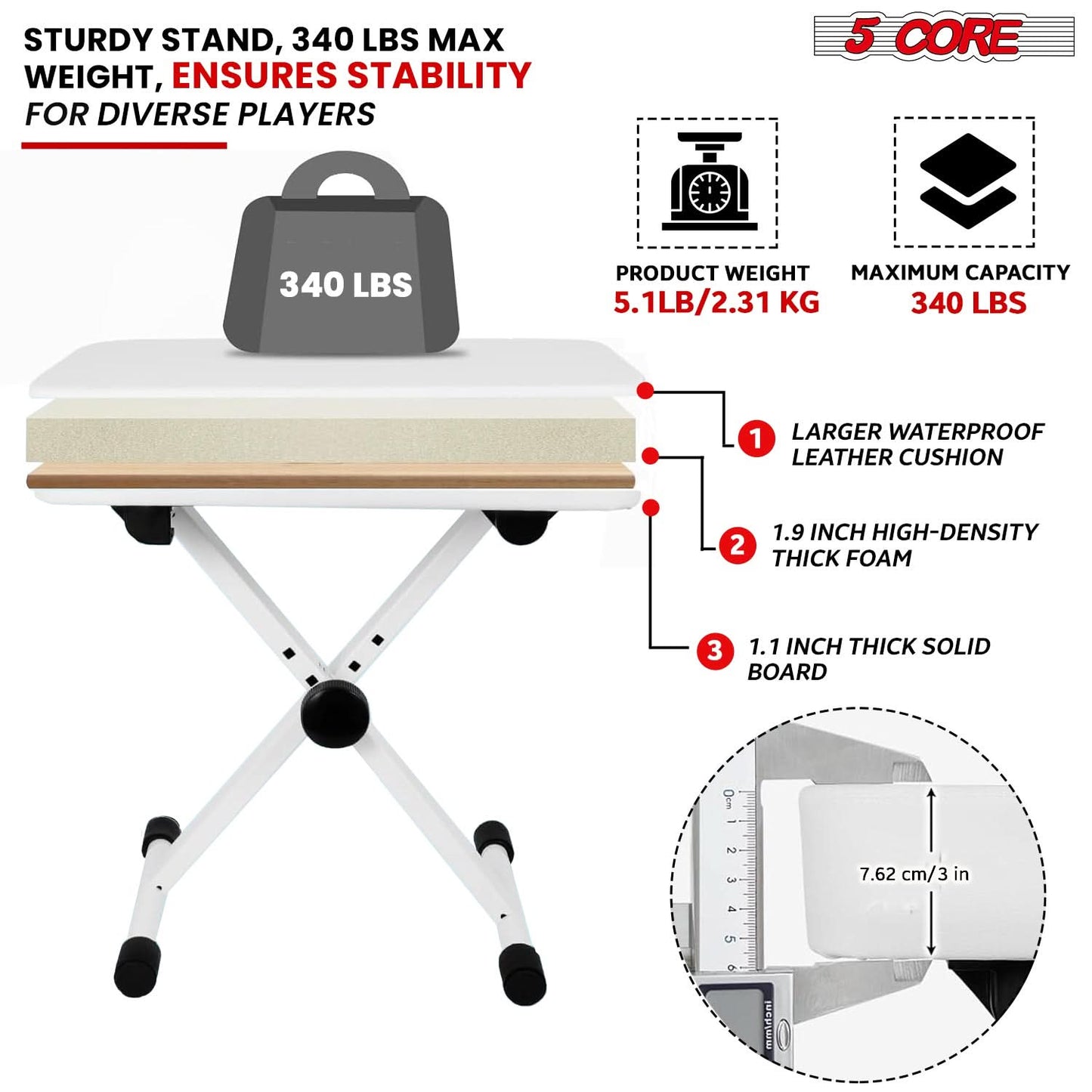 5 Core Keyboard Bench 3" Padded Cushioned Piano Stool Height