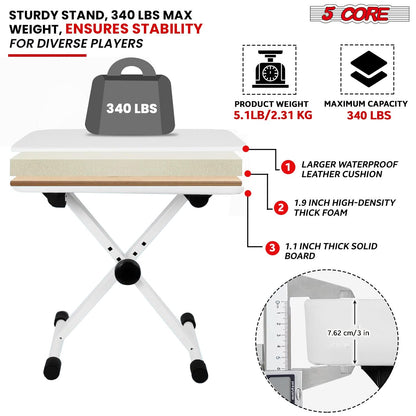 5 Core Keyboard Bench 3" Padded Cushioned Piano Stool Height