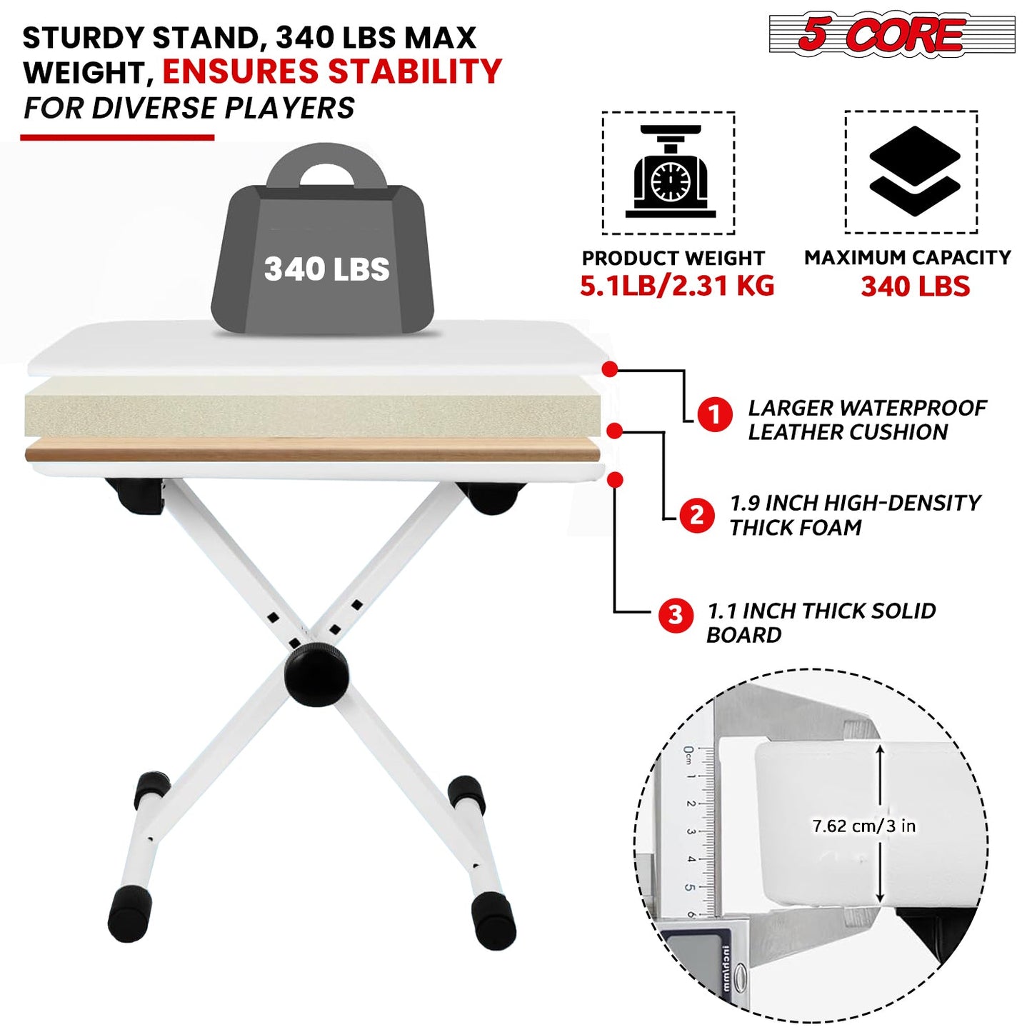 5 Core Keyboard Bench 3" Padded Cushioned Piano Stool Height