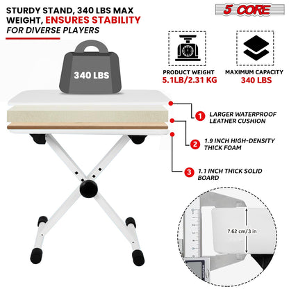 5 Core Keyboard Bench 3" Padded Cushioned Piano Stool Height