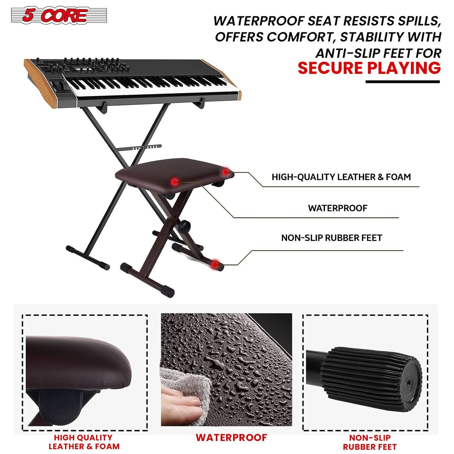 5 Core Keyboard Bench 2" Padded Cushioned Piano Stool Height