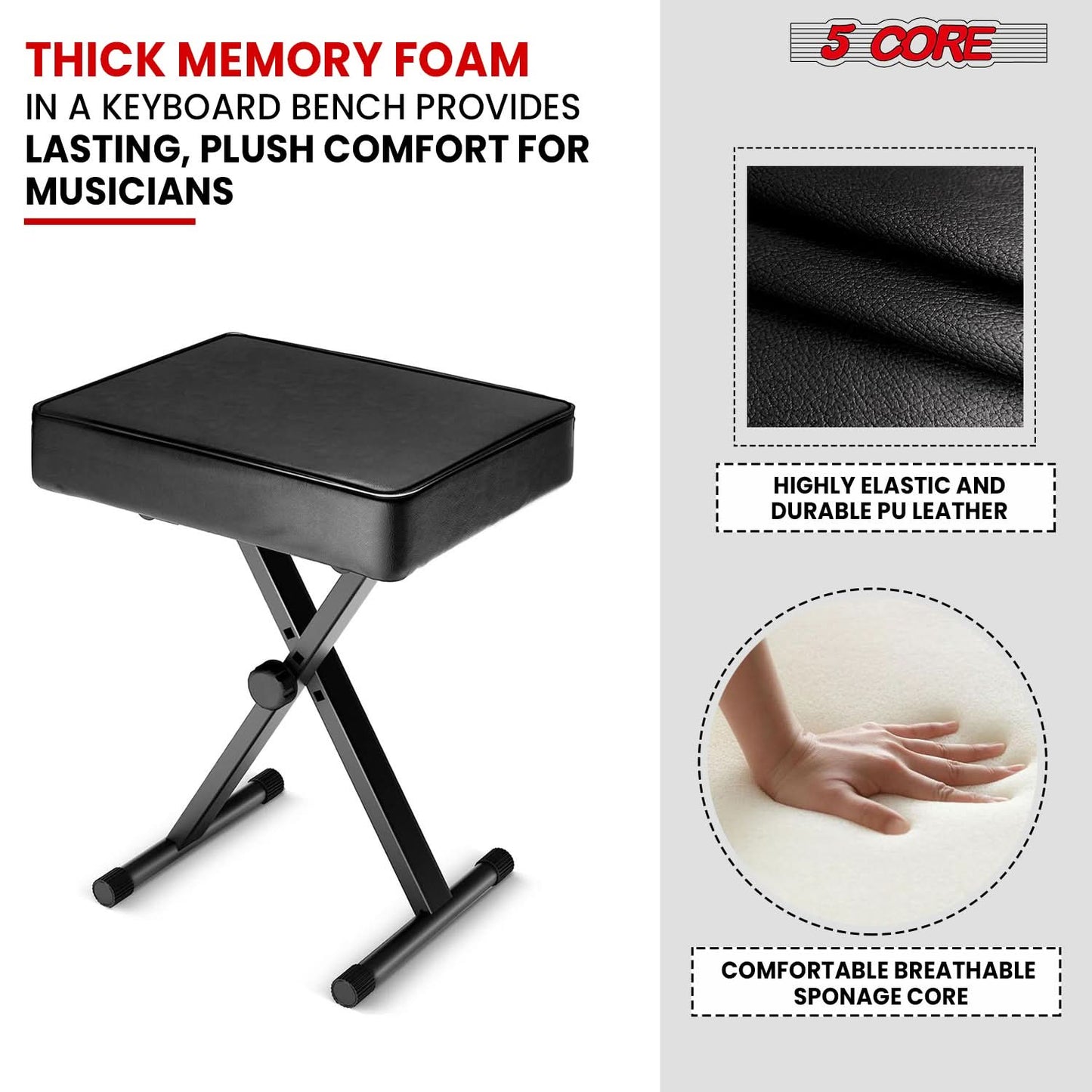 5 Core Keyboard Bench 3" Padded Cushioned Piano Stool Height