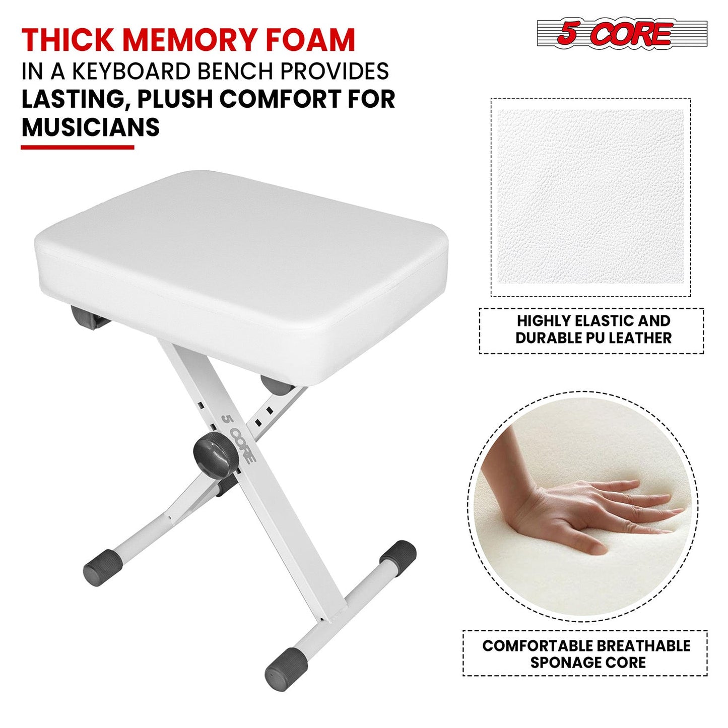 5 Core Keyboard Bench 3" Padded Cushioned Piano Stool Height