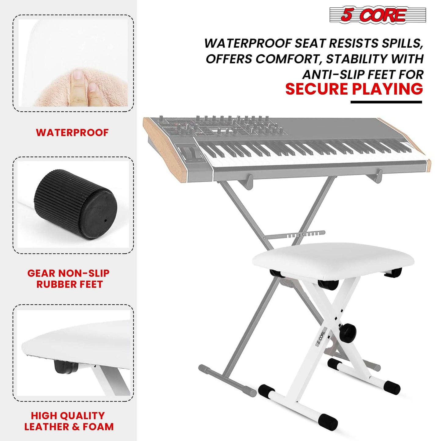 5 Core Keyboard Bench 2" Padded Cushioned Piano Stool Height