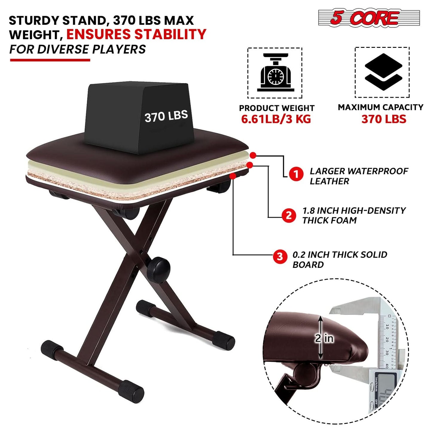 5 Core Keyboard Bench 2" Padded Cushioned Piano Stool Height