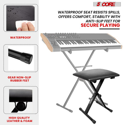 5 Core Keyboard Bench 2" Padded Cushioned Piano Stool Height