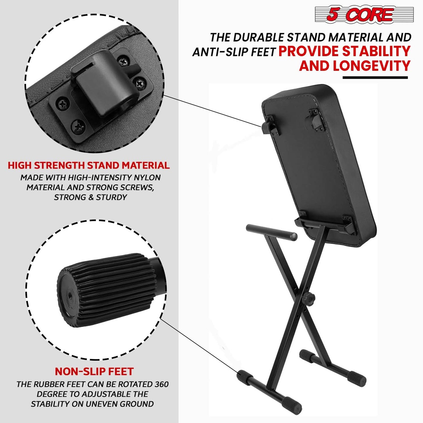 5 Core Keyboard Bench 3" Padded Cushioned Piano Stool Height