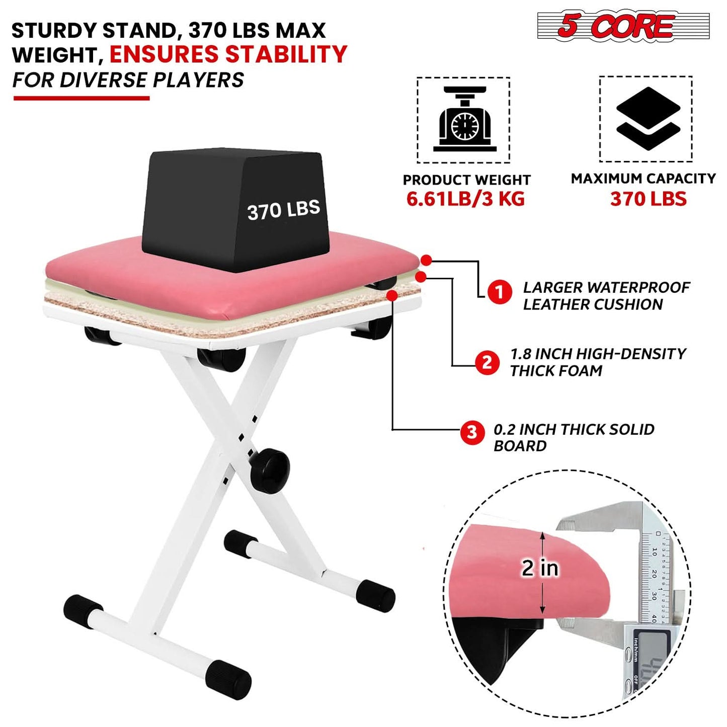 5 Core Keyboard Bench 2" Padded Cushioned Piano Stool Height