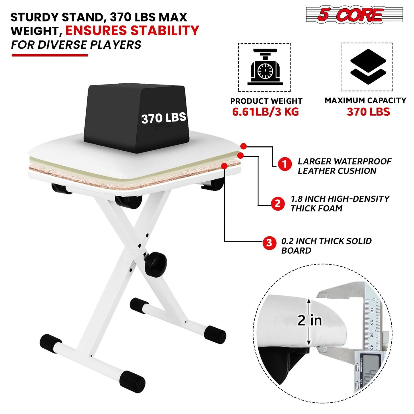 5 Core Keyboard Bench 2" Padded Cushioned Piano Stool Height
