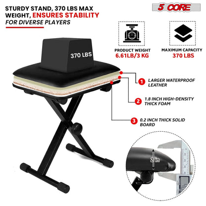 5 Core Keyboard Bench 2" Padded Cushioned Piano Stool Height