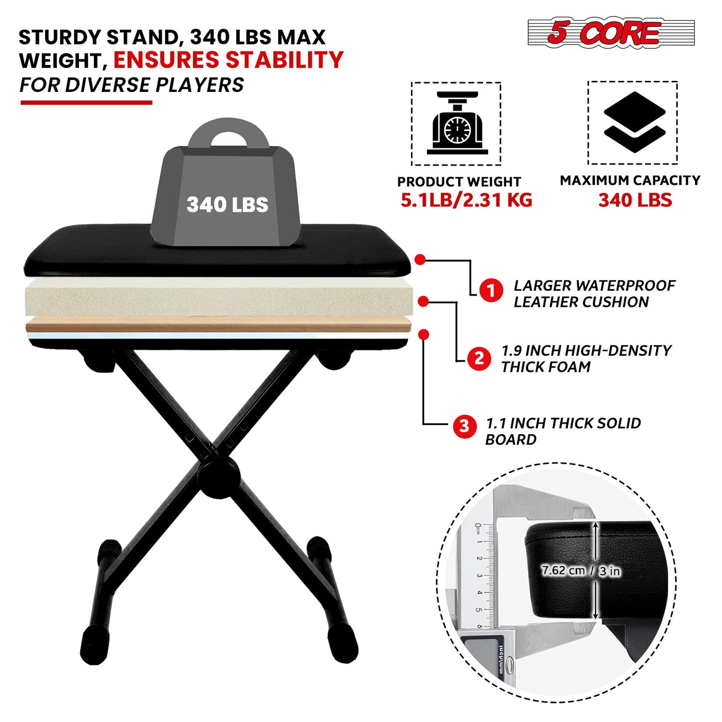 5 Core Keyboard Bench 3" Padded Cushioned Piano Stool Height