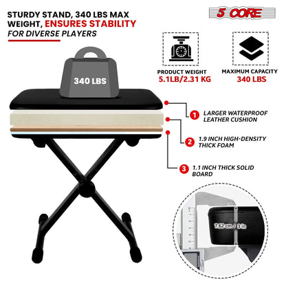 5 Core Keyboard Bench 3" Padded Cushioned Piano Stool Height
