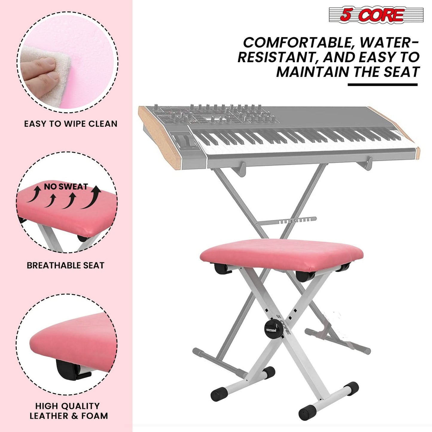 5 Core Keyboard Bench 2" Padded Cushioned Piano Stool Height