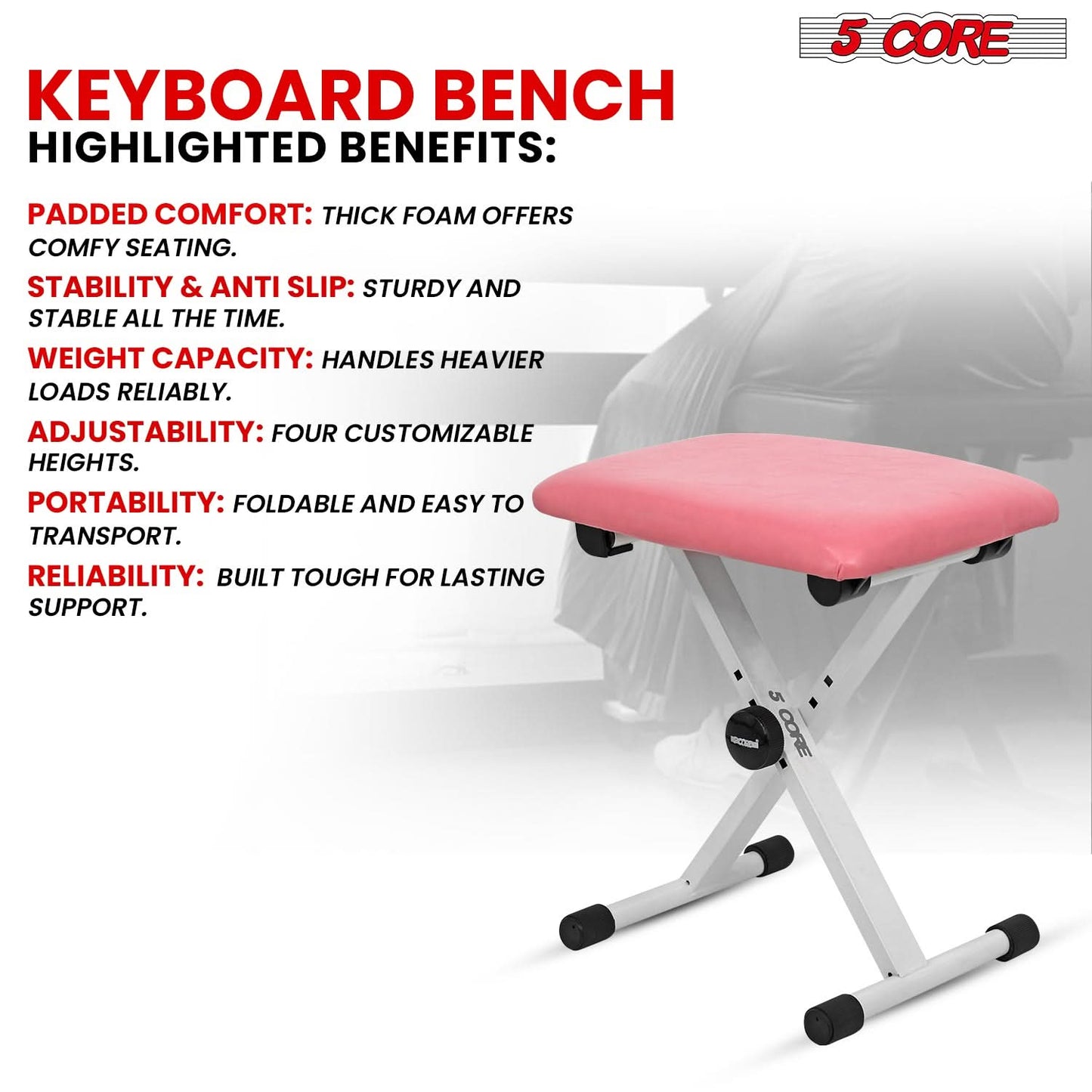 5 Core Keyboard Bench 2" Padded Cushioned Piano Stool Height