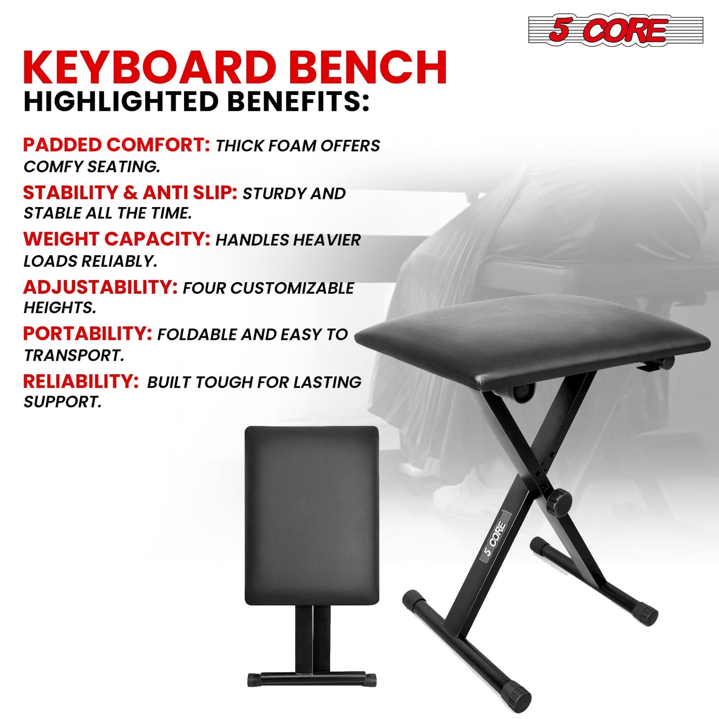 5 Core Keyboard Bench 2" Padded Cushioned Piano Stool Height
