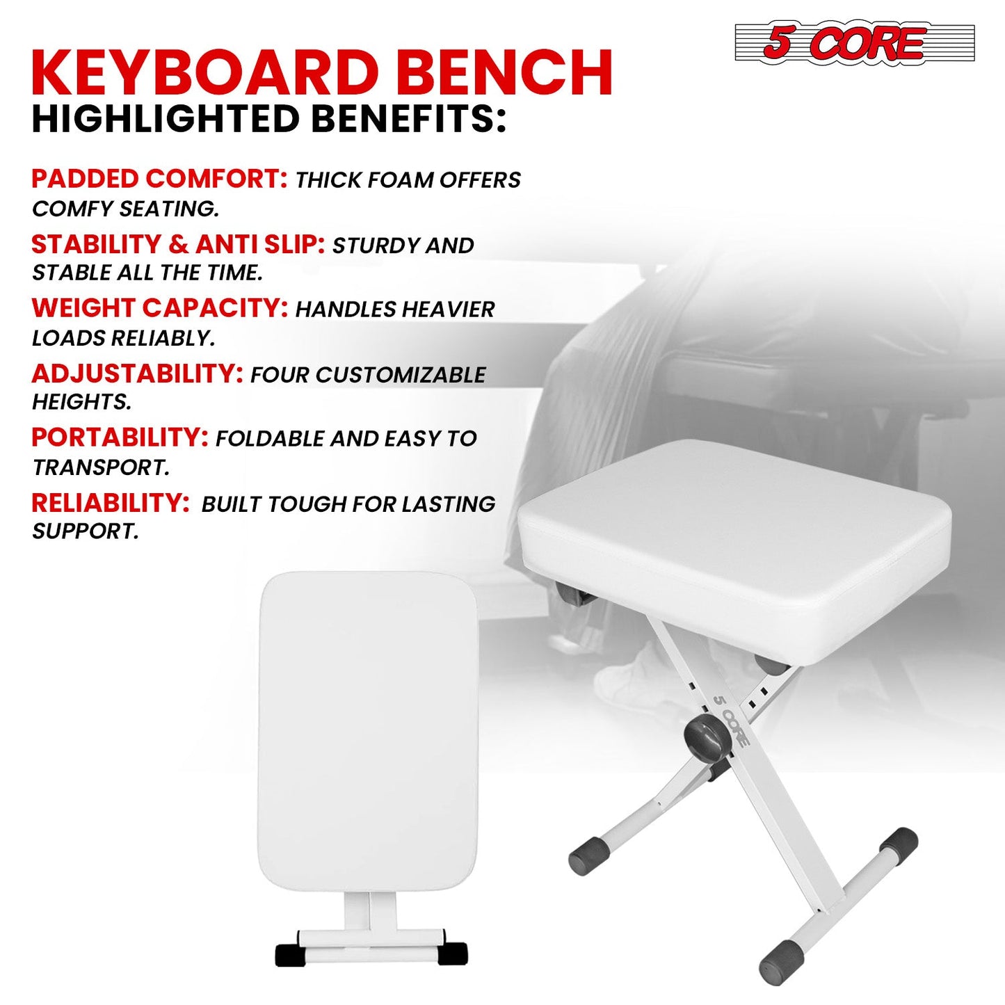 5 Core Keyboard Bench 3" Padded Cushioned Piano Stool Height