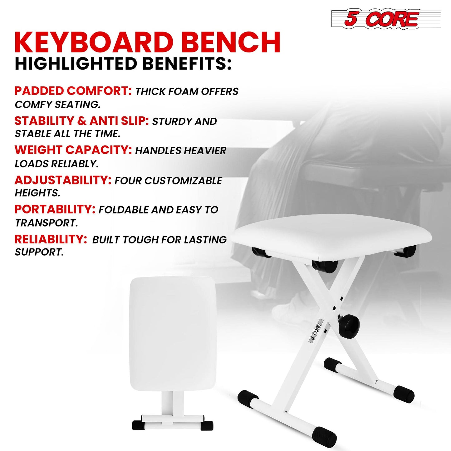 5 Core Keyboard Bench 2" Padded Cushioned Piano Stool Height