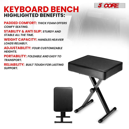 5 Core Keyboard Bench 3" Padded Cushioned Piano Stool Height