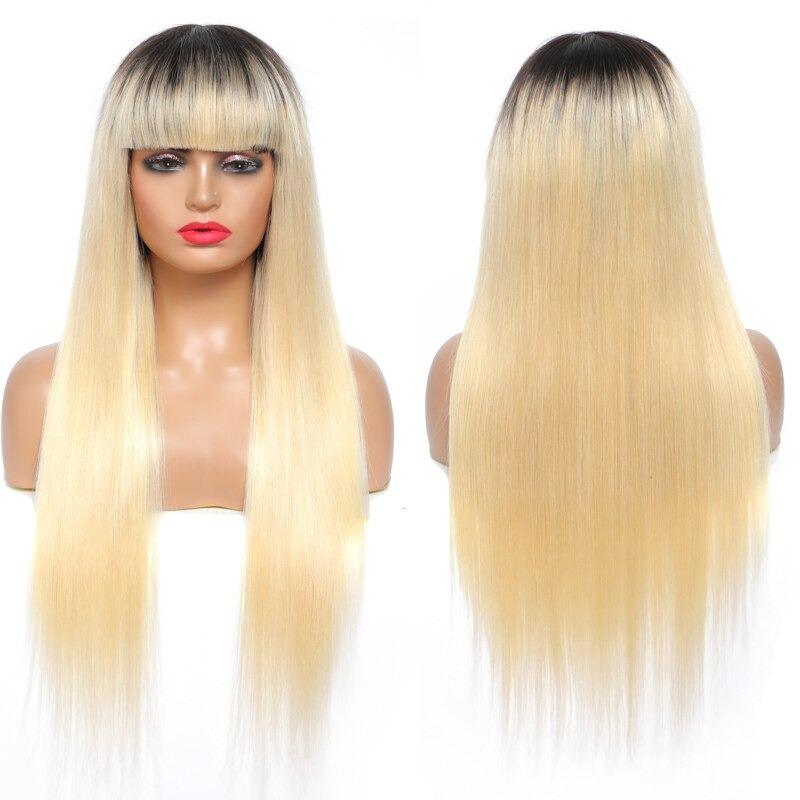 Wig with Bang 200% Density Human , #1B/613 Straight 180% Density #613