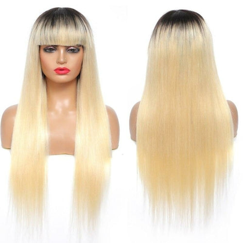 Wig with Bang 200% Density Human , #1B/613 Straight 180% Density #613