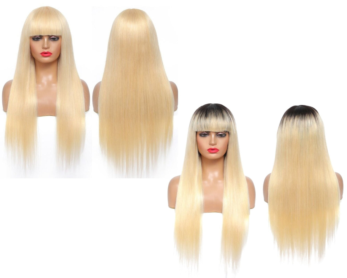 Wig with Bang 200% Density Human , #1B/613 Straight 180% Density #613
