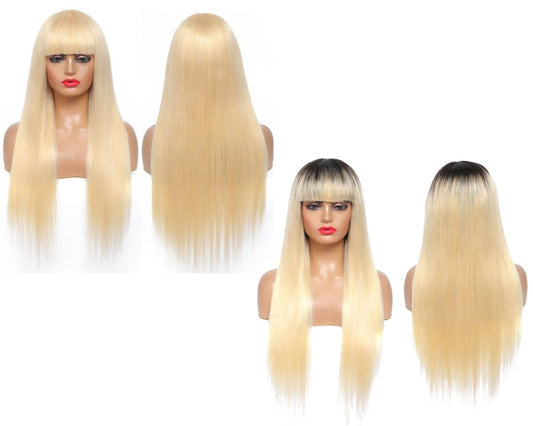 Wig with Bang 200% Density Human , #1B/613 Straight 180% Density #613