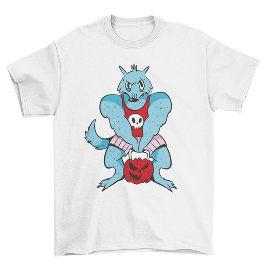 Werewolf gym lifting pumpkin cartoon t-shirt