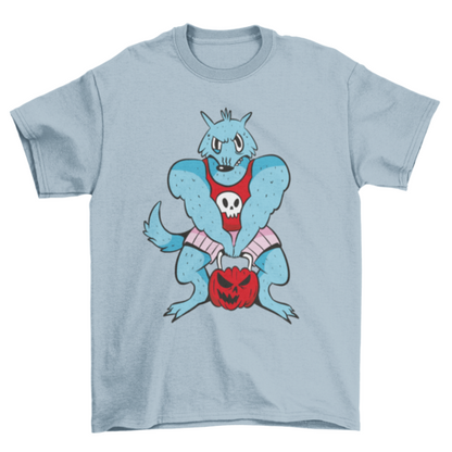 Werewolf gym lifting pumpkin cartoon t-shirt