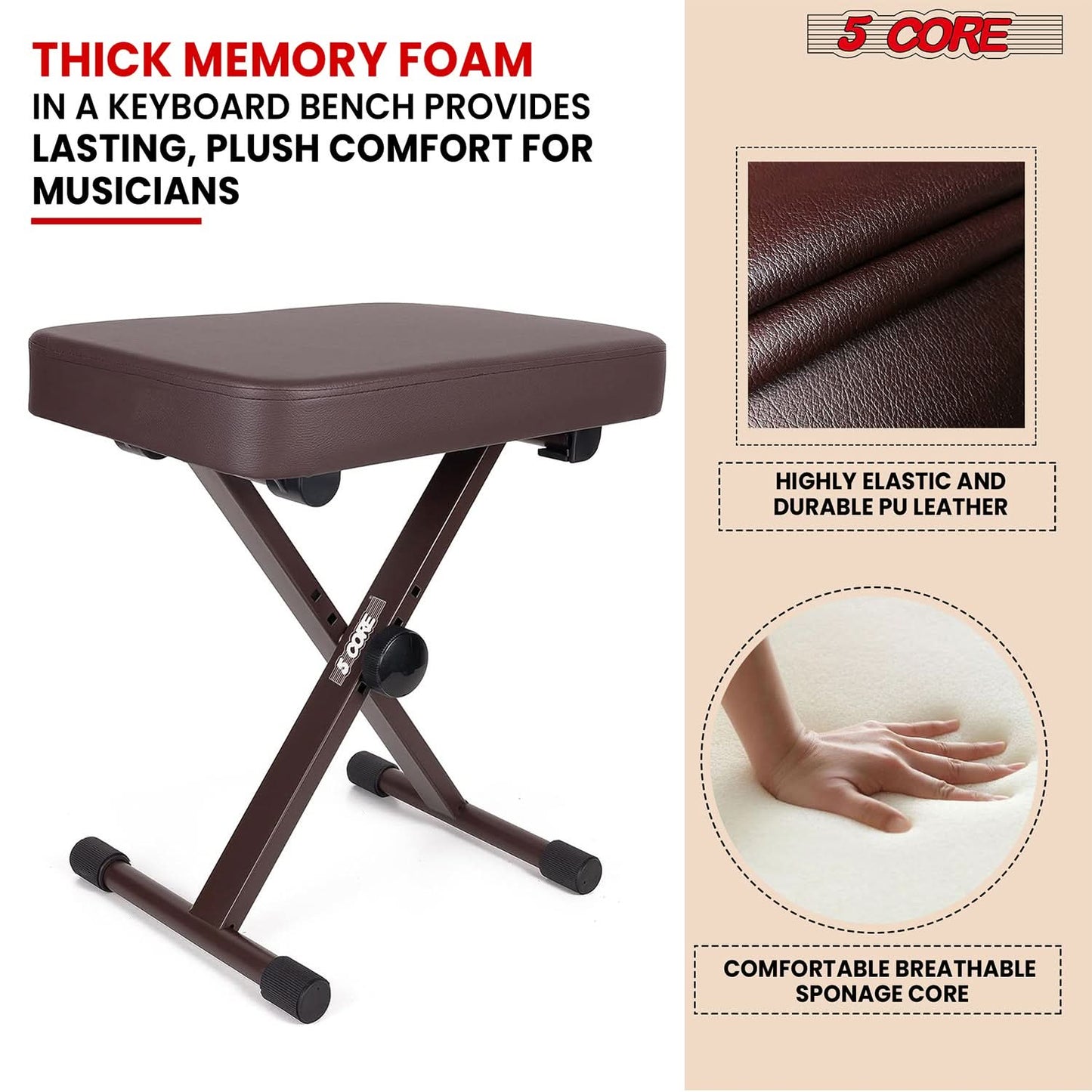 5 Core Keyboard Bench 3" Padded Cushioned Piano Stool Height