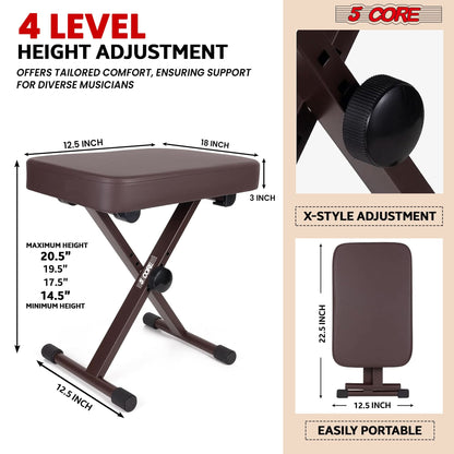 5 Core Keyboard Bench 3" Padded Cushioned Piano Stool Height