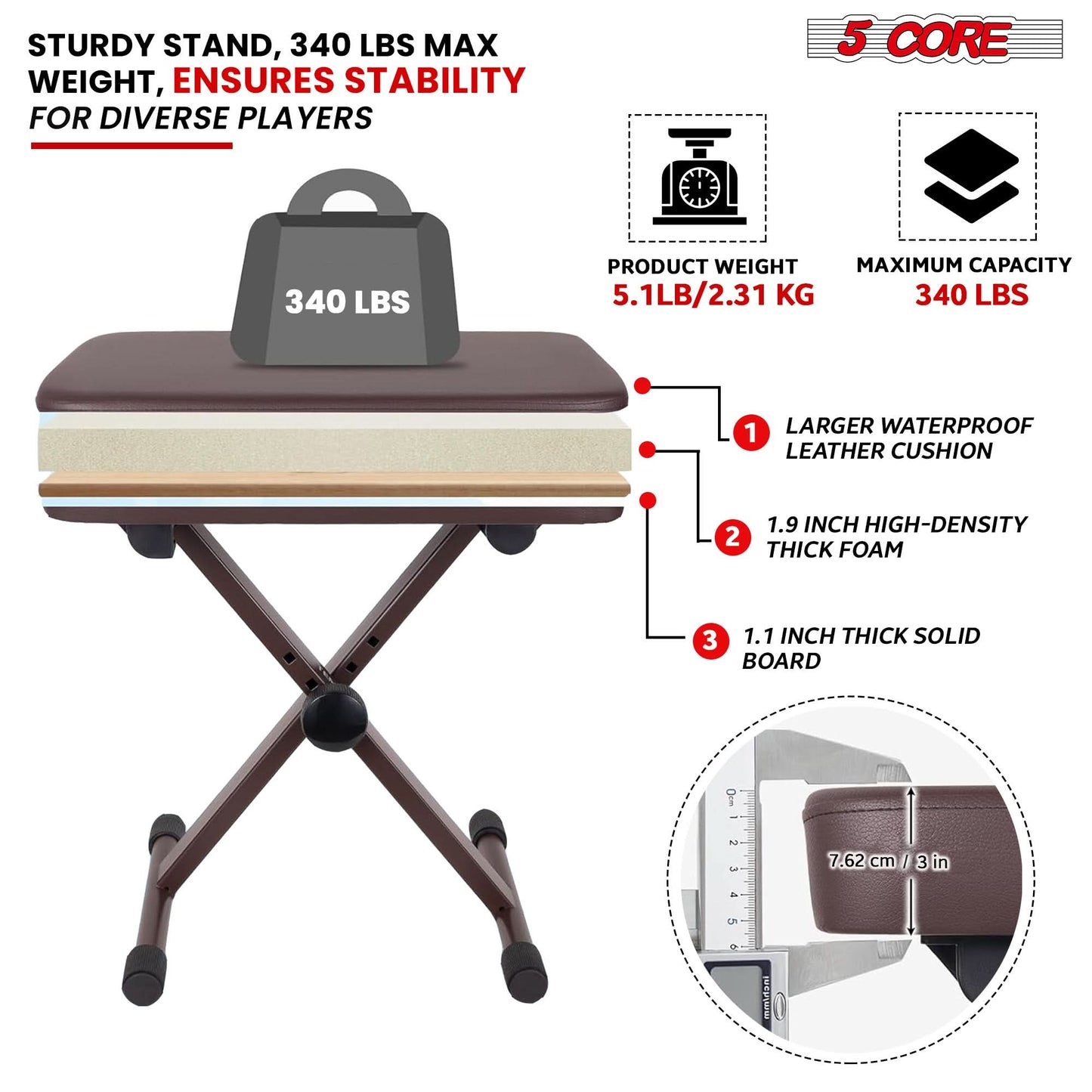 5 Core Keyboard Bench 3" Padded Cushioned Piano Stool Height