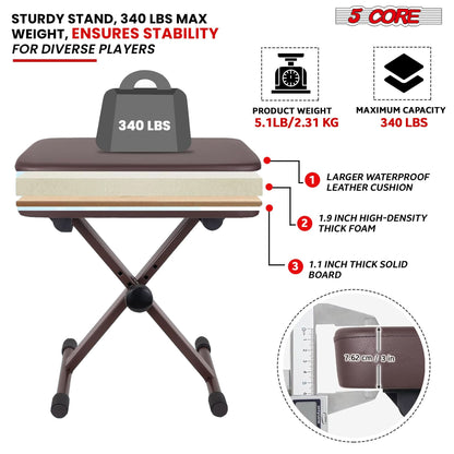 5 Core Keyboard Bench 3" Padded Cushioned Piano Stool Height