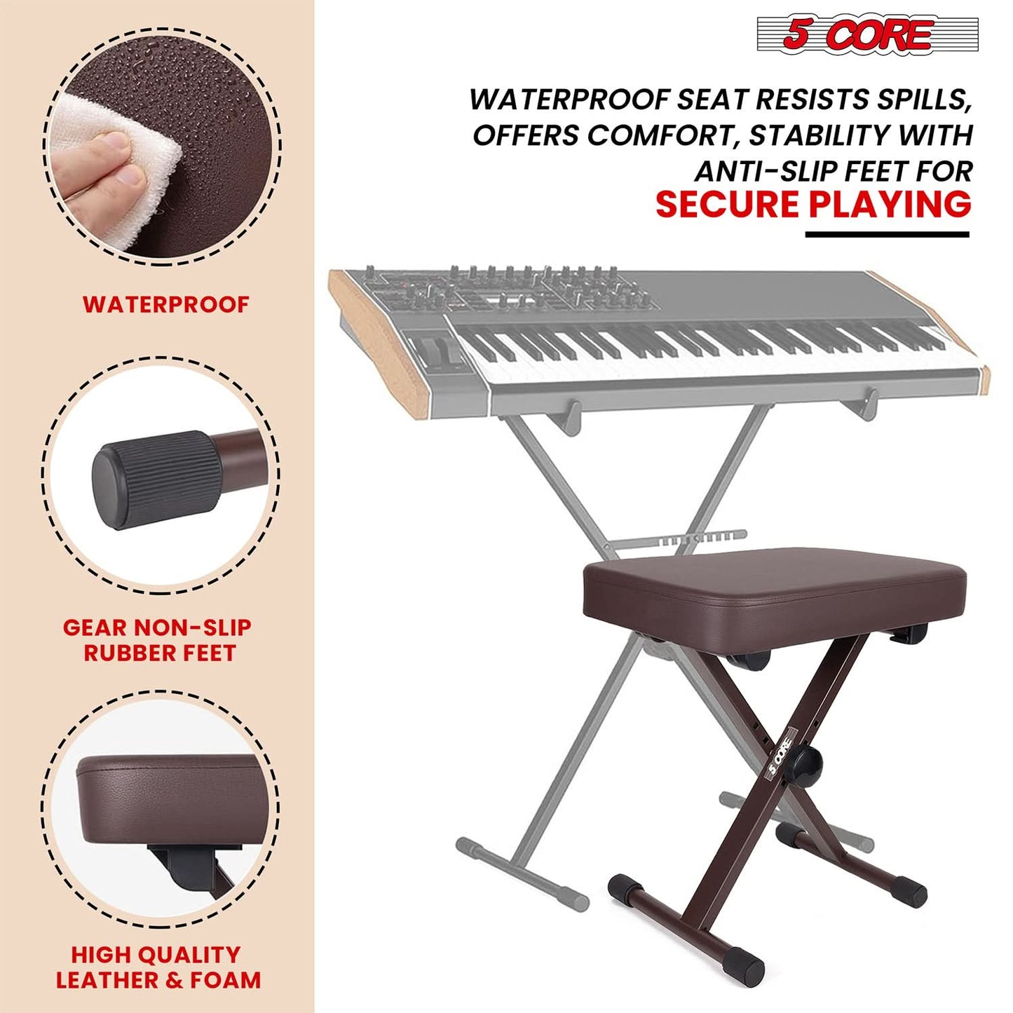 5 Core Keyboard Bench 3" Padded Cushioned Piano Stool Height